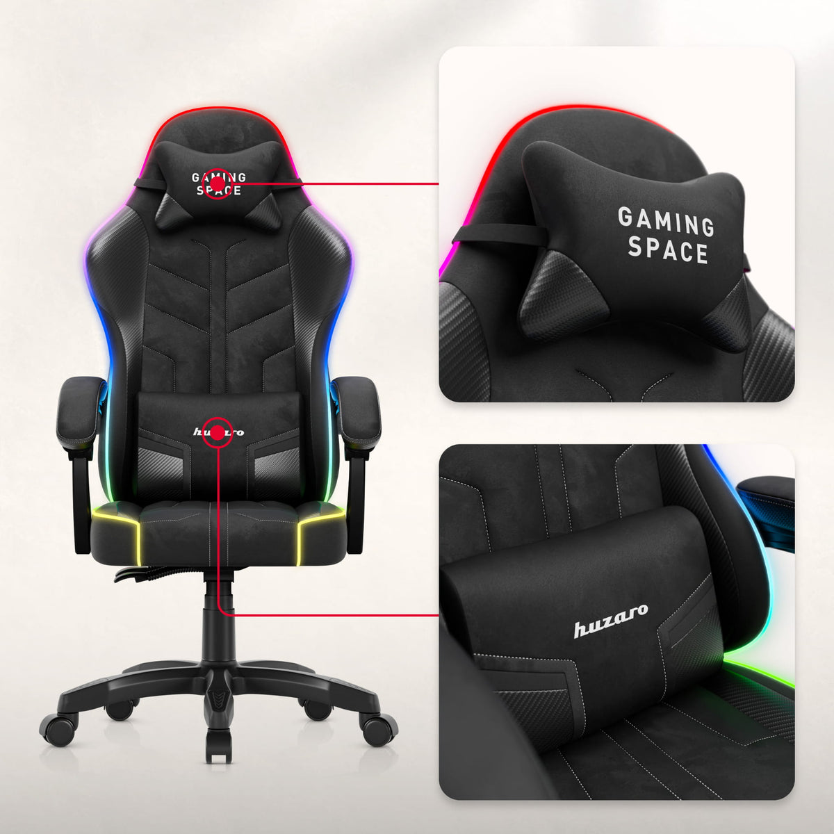Huzaro Force 2.7 RGB Gaming-Stuhl aus schwarzem Samt 