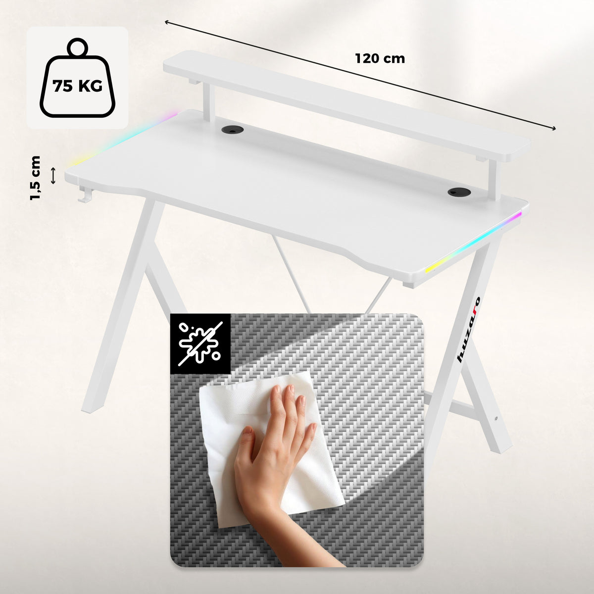 LED-Gaming-Schreibtisch Huzaro Hero 1.9 RGB Weiß 120 cm